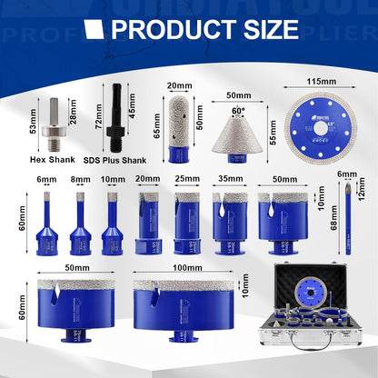 SHDIATOOL Diamond Tile Drill Bits Kit 15pcs, Porcelain Hole Saw Sets, Core Bits Cutter for Drilling Ceramic Marble Granite (6/8/10/20/25/35/50/75/100/20MM/2/SDS/HEX/6MM/4.5”)