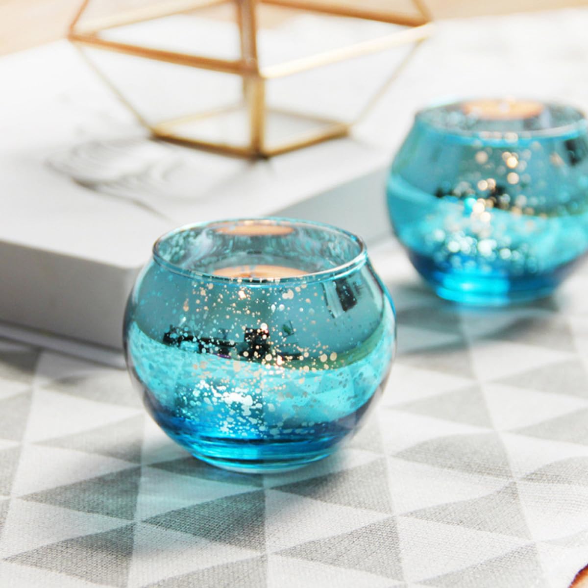 SOLUSTRE 12pcs Glass Candle Holders with Blue Dot Pattern Decorative Hollow Candle Cups for Home Décor Table Centerpiece Modern Minimalist Design