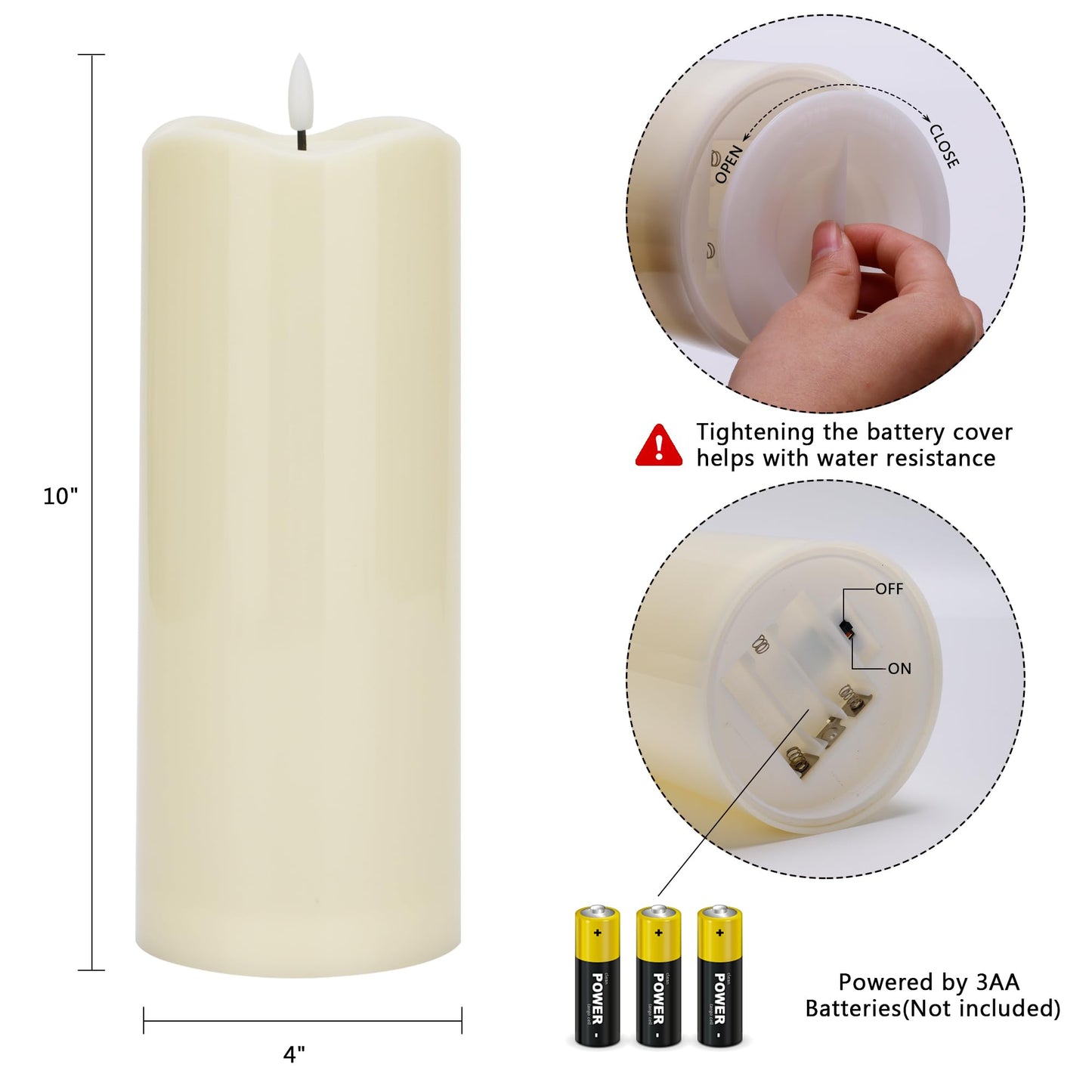 AFINETH 4" x10" Outdoor Flameless Candles Waterproof, Large Battery Operated Candles with Remote, Plastic Flickering LED Candles for Garden Patio Porch Home Party, Ivory 1Pack
