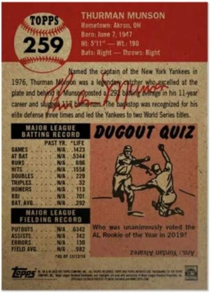 2019 Topps The MLB Living Set #259 Thurman Munson New York Yankees Official Baseball Trading Card with Facsimile Red Autograph on Back Continuation of 2018 Set