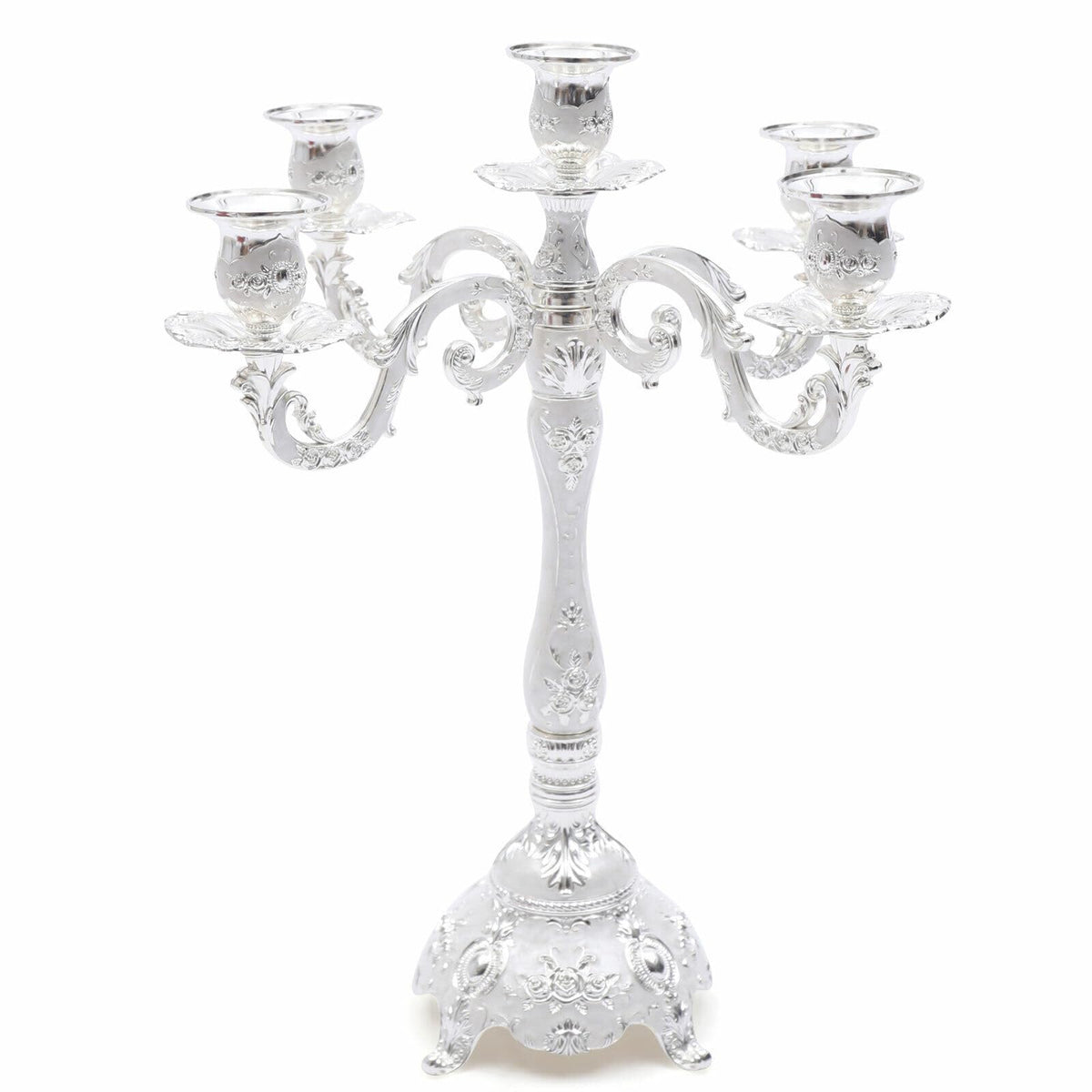 Headery Elegant 14.56”H Mental Tall Candelabra,5 Arm Candle Holder Candlestick Holder, Taper Candle Holder with Three-Dimensional Carving for Wedding Dinner Party Chrismas Ceremony Home Decor(Silver)
