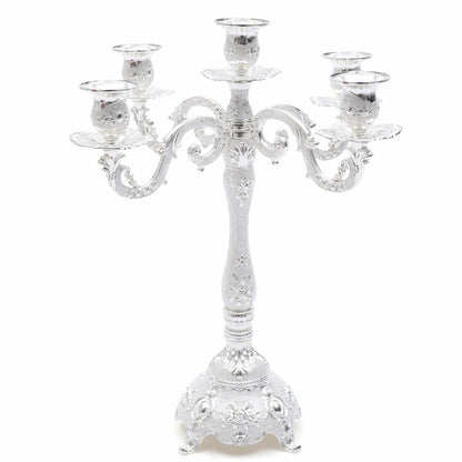 Headery Elegant 14.56”H Mental Tall Candelabra,5 Arm Candle Holder Candlestick Holder, Taper Candle Holder with Three-Dimensional Carving for Wedding Dinner Party Chrismas Ceremony Home Decor(Silver)