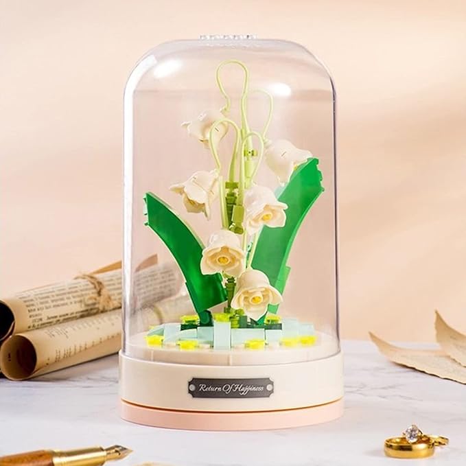 Building Blocks Flowers Bouquet Set with Music Box and Dust-Proof DomeArtificial Particle Flower Collection Construction Building Bricks ToyHome Decor (Lily of The Valley)
