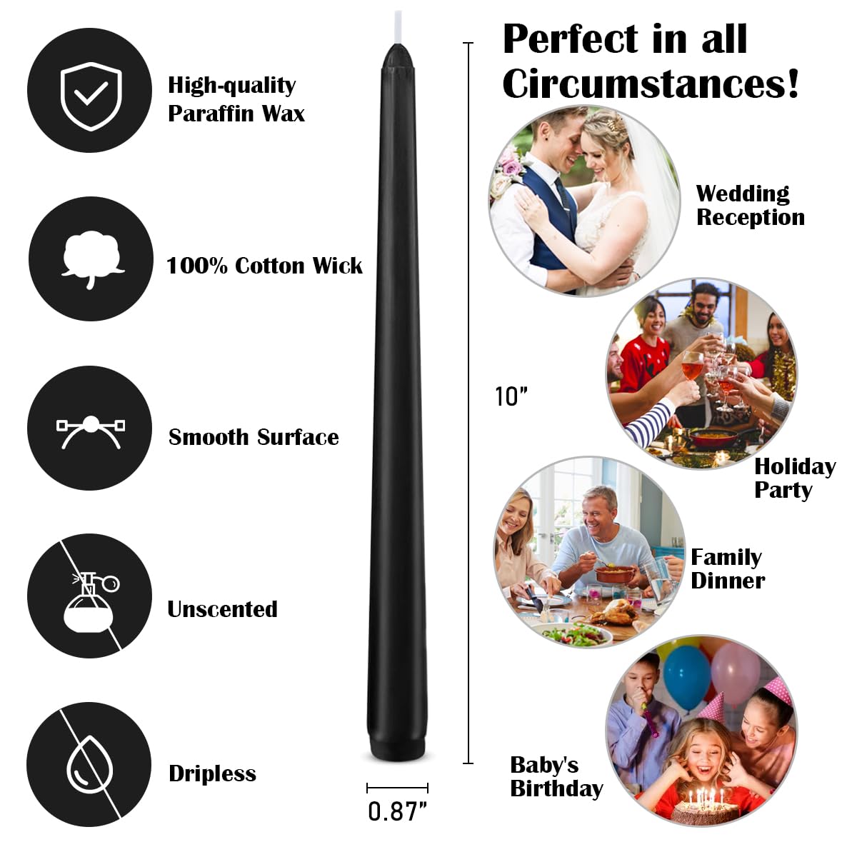 4 Pack Black Taper Candles for Halloween, 10×7/8 Inch Dripless Candlesticks, Great for Home Decoration Dinner Party Meditation and Emergency