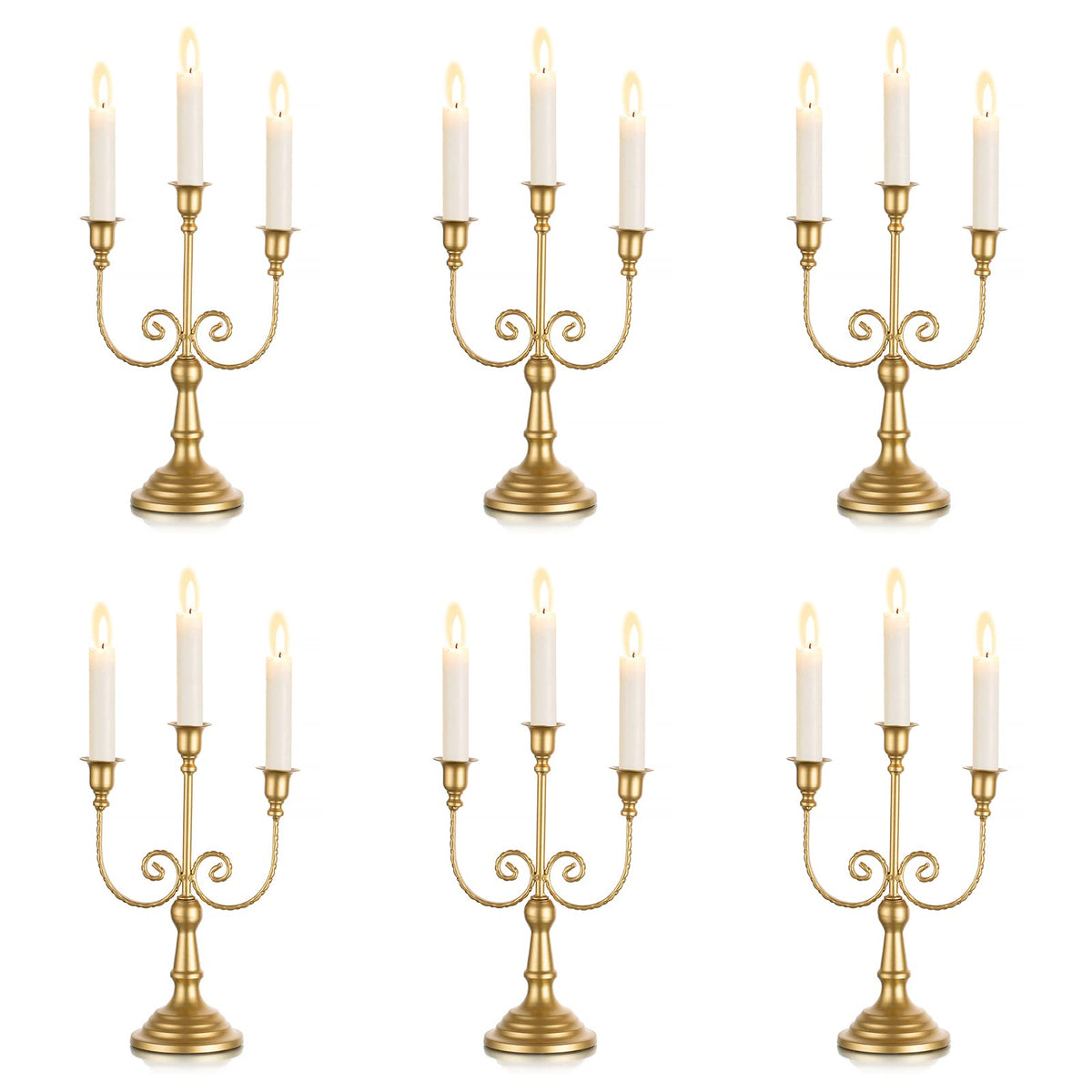 Sziqiqi Gold Taper Candle Holder for Centerpiece - 3-arm Candlesticks Holder for Wedding Table Centerpieces Metal Candle Stick Holders for Fireplace Mantle Set of 6