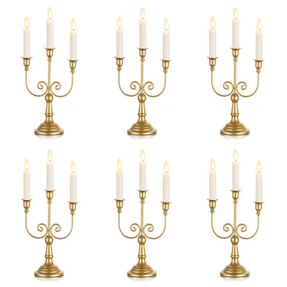 Sziqiqi Gold Taper Candle Holder for Centerpiece - 3-arm Candlesticks Holder for Wedding Table Centerpieces Metal Candle Stick Holders for Fireplace Mantle Set of 6