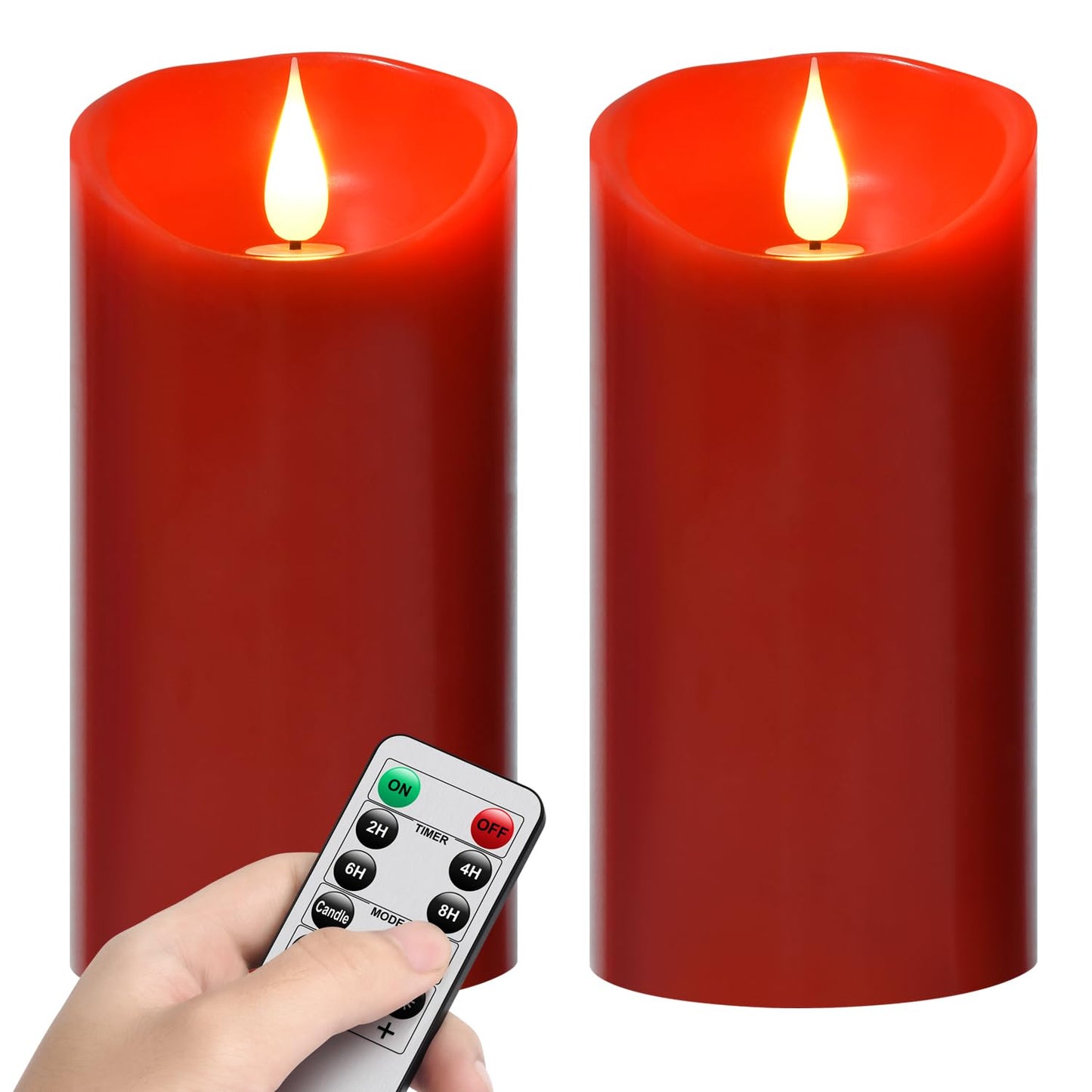 Nancia Flameless Battery Operated Flicking Candles:Remote Control Realistic Wax Pillar LED Candle with 10-Key Cycling 24 Hours Timer for Home Decoration Wedding Birthday Party Ivory 2PACK Red