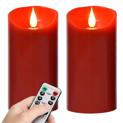 Nancia Flameless Battery Operated Flicking Candles:Remote Control Realistic Wax Pillar LED Candle with 10-Key Cycling 24 Hours Timer for Home Decoration Wedding Birthday Party Ivory 2PACK Red