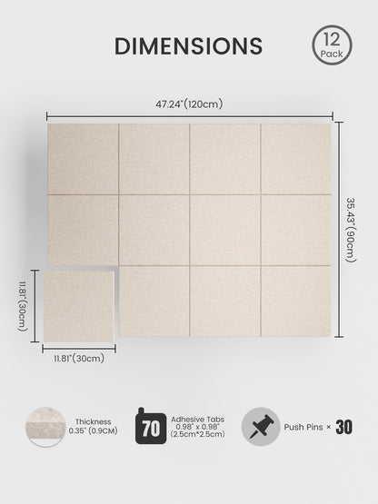Bumusty Large Cork Board 48" x 36" Alternative - 12 Pack Felt Wall Tiles with 70 Safe Removable Adhesive Tabs, 30 Pushpins, Cork Boards for Walls Pin Board Bulletin Board Office Decor (Oatmeal)