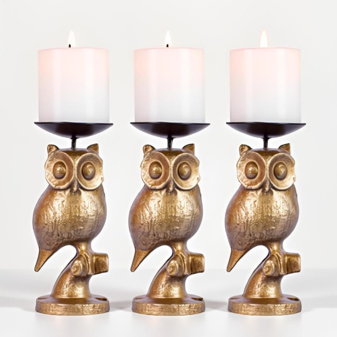 Gold Owl Candle Holder Set of 3 – Decorative Taper & Small Pillar Candlestick Holders for Table Centerpieces, Shelf & Living Room Décor
