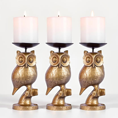 Gold Owl Candle Holder Set of 3 – Decorative Taper & Small Pillar Candlestick Holders for Table Centerpieces, Shelf & Living Room Décor