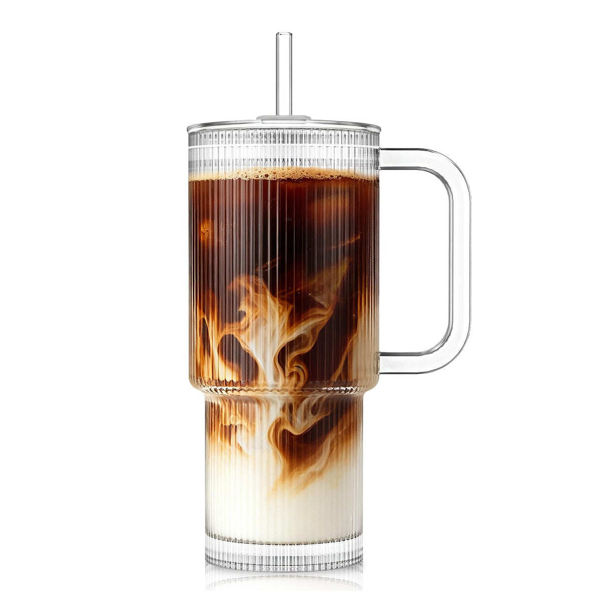 KEMORELA Large 26oz Clear Glass Mug with Handle and Sliding Lid – Aesthetic Ribbed Tumbler for Iced Coffee, Smoothies & Hot Drinks – Reusable Travel Cup with Straw, Dishwasher Safe (Ribbed Tumbler)