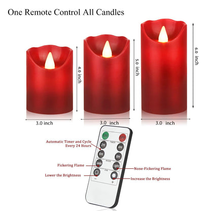 Biyanuo Flameless Battery Operated LED Candles with10key Button Remote Control 24-Hour Timer Set of 3 Electric Flickering Pillar Real Wax，Wedding, Party, Home Decoration (Red)