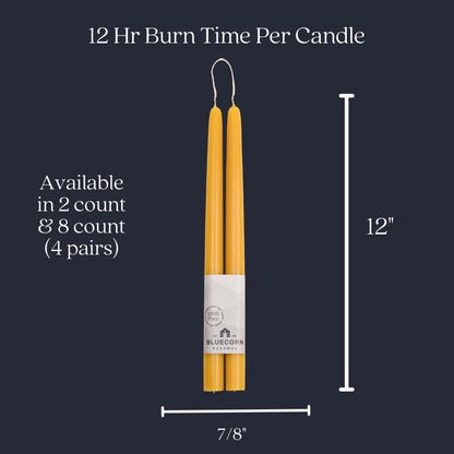 Bluecorn Beeswax Taper Candles, 100% Pure Natural Bees Wax, Pair of 12 Inch Yellow Tapered Candlesticks, Clean Burning & Dripless, Fragrance Free, Long Lasting, Home Decor, American Made, 1 Count