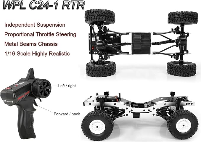 WPL C24-1 RC Rock Crawler RC Truck 4x4 1/16 Scale RC Crawler Off Road Remote Control Pickup 2.4G All Terrain RTR with Proportional Throttle Steering Led Light Adult