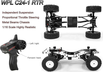 WPL C24-1 RC Rock Crawler RC Truck 4x4 1/16 Scale RC Crawler Off Road Remote Control Pickup 2.4G All Terrain RTR with Proportional Throttle Steering Led Light Adult