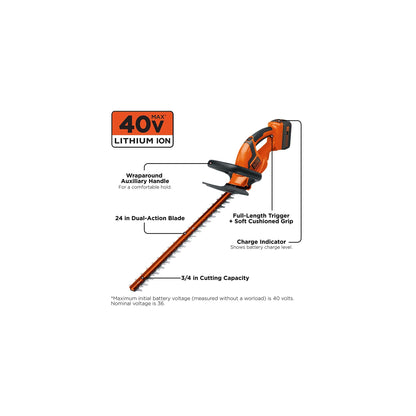 BLACK+DECKER 40V MAX Hedge Trimmer, Cordless, 24-Inch Blade, Battery and Charger Included (LHT2436)
