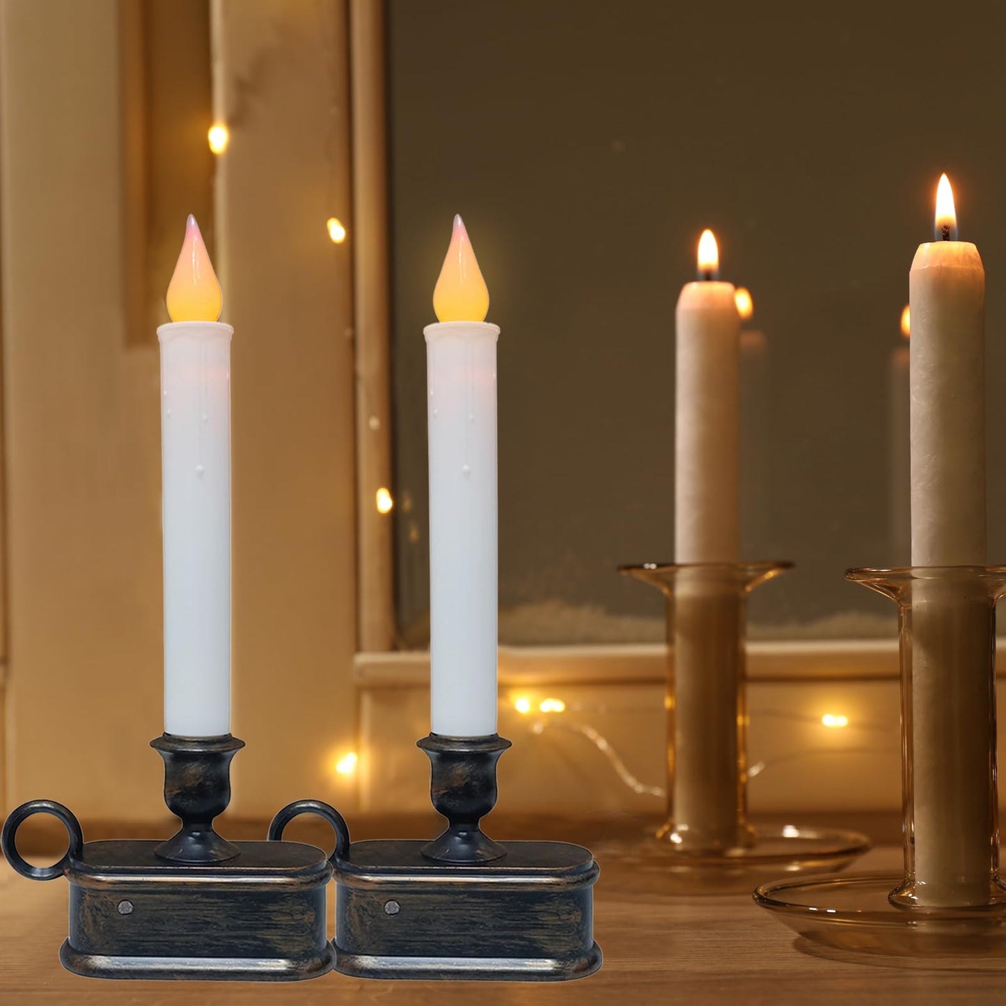 SUNSGNE Battery Operated Window Candles, Flameless Window Candles with Sensor Dusk to Dawn for Holiday Home Table Christmas Decor, 4 Pack, Antique Bronze Base