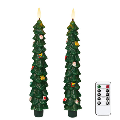 AVEKI Christmas Tree Flameless Taper Candles with Remote, 2 Pcs LED Christmas Tree Candles Real Wax with 3D Flame, 9.7" Battery Operated LED Candlesticks for Home Fireplace Christmas Decor (2 PCS)