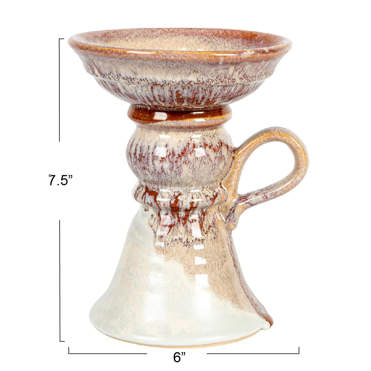 7.5 Inches Stoneware Pillar Holder with Handle and Reactive Glaze for 5 Inches Pillar, Brown