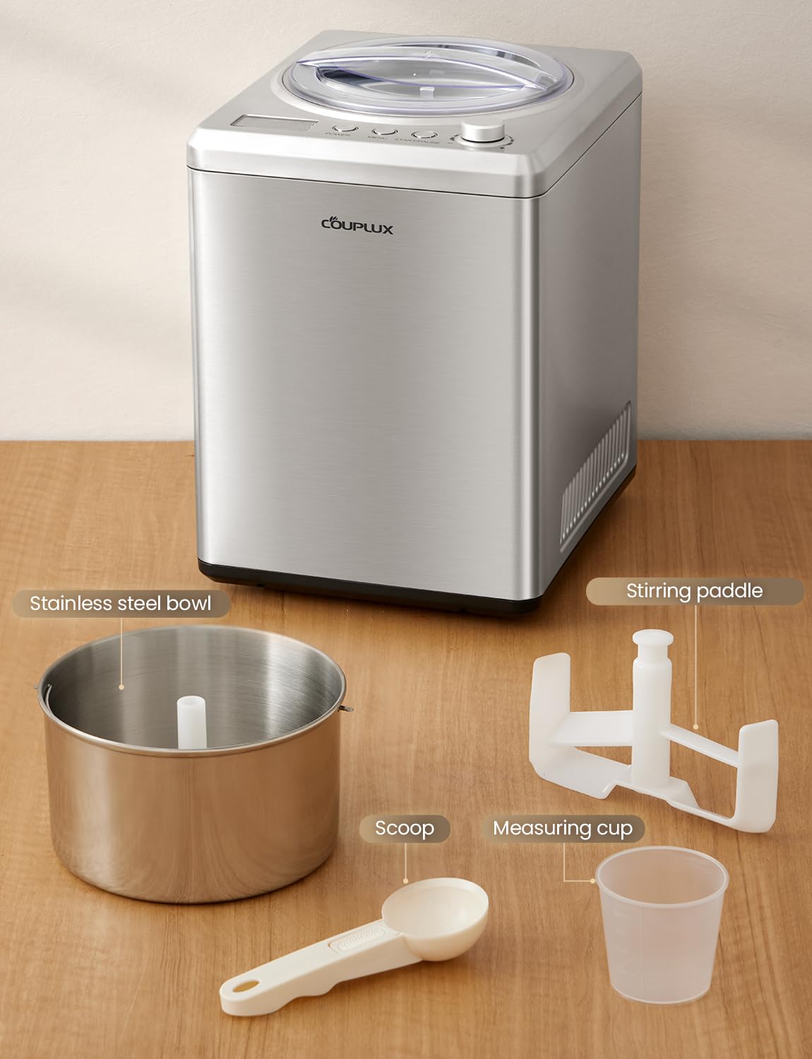 COUPLUX 2.64 Qt Ice Cream Maker, Upgraded Fastest 250W Compressor Fully Automatic Ice Cream Machine with No Pre-Freezing, 2H Keep Cool, LCD Display & Timer, All Stainless Steel