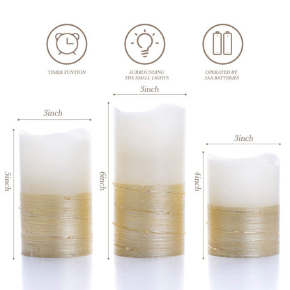 BeMoment Flickering Flameless Candles with Timer, Battery Operated Candle Embedded String Lights, Gold Paint Finish, Ideal for Home Decor, Holidays, and Festivals, 3pcs (D 3" x H 4" 5" 6")
