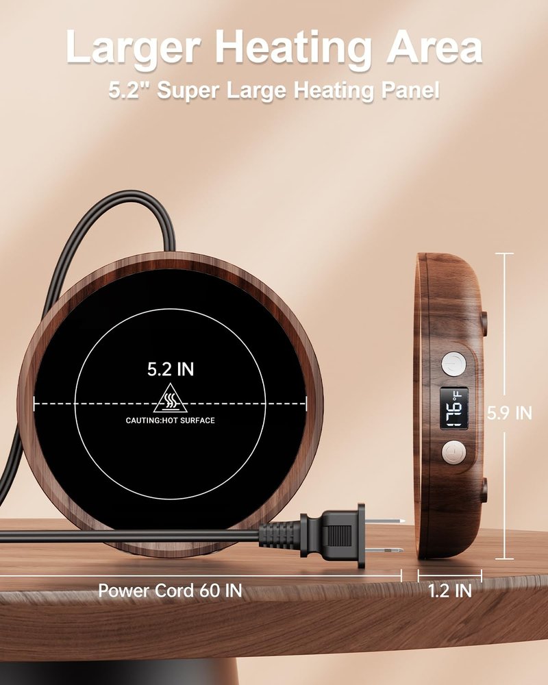 SWEETFULL Mug Warmer - Upgraded 36W Coffee Cup Warmer for Desk with 130℉-176℉ Digital Display, 2-12H Timer Auto Shut Off, Smart Electric Coffee Heating Plate, Ideal Gifts for Women Men - Wood