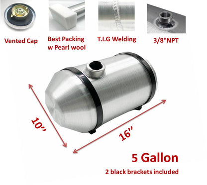 JSD 5 Galllons 10" x16" Spun Aluminum Gas Tank / Round Fuel Tank End Fill 3/8" NPT Outlet