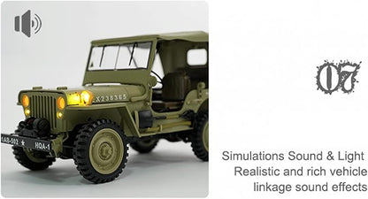RC Crawler 1:14 Scale Willys Military Jeep 2.4Ghz 4WD Off Road Rock Crawler with 45° Climb Alloy Chassis/Drivetrain Dual-Speed Transmission Functional Winch LED for Adult (Green)