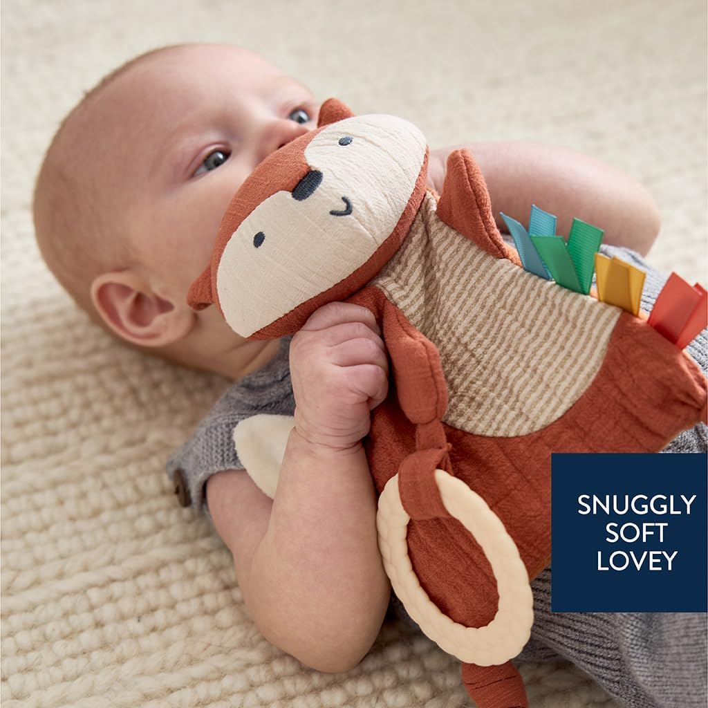 Itzy Ritzy - Bitzy Crinkle Sensory Toy Fox with Crinkle Sound for Babies & Toddlers - Features Soft Braided Teething Ring & Textured Ribbons, Designed for Ages 0 Months and Up, Fox