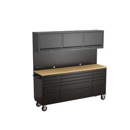 DOMINEVA 72-inch Heavy Duty Tool Chest & Rolling Workbench with 15 Drawers,3 Upper Cabinet,Pegboard & Power Strip, for Garage, Shop, Workshop Use,Black