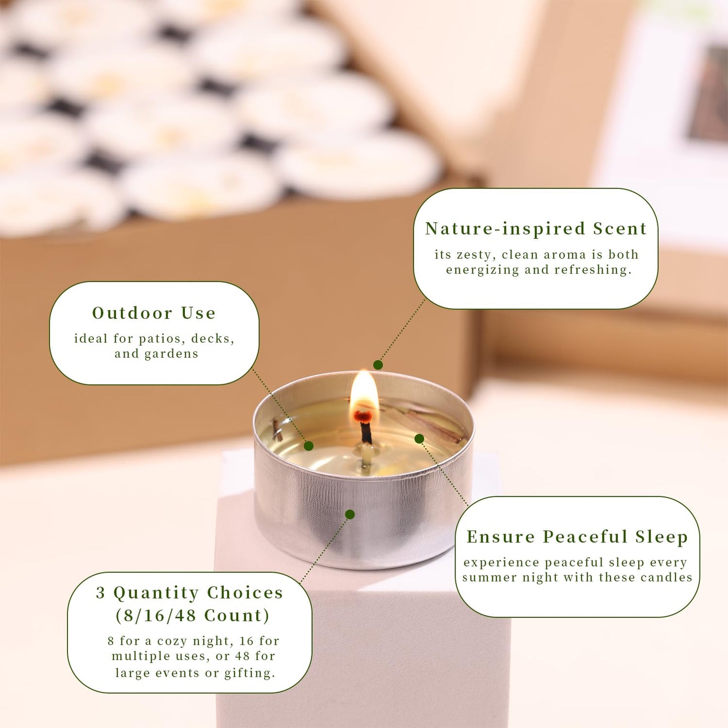 8 Pcs 6H Citronella Tealight Candles Indoor Outdoor, Decorative Scented Tealight Candles with 100% Palm Wax Base & Dried Lemongrass, Smokelss for Patio, Home, Outside Use