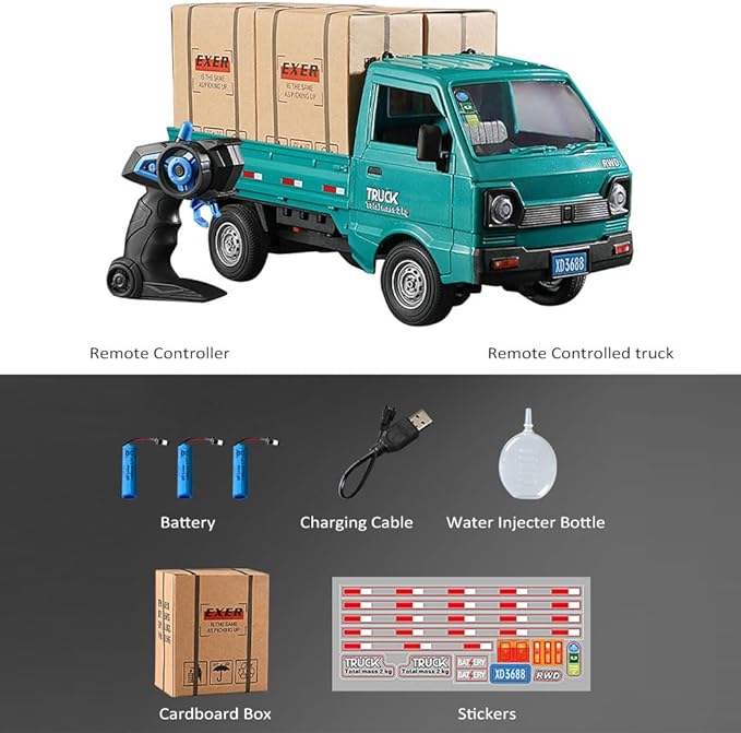 Remote Control Car RC Kei Truck1:16 Scale RC Transporter Pickup Truck 2.4GHz All Terrain RC Transport Cars with Spray &amp Light 3 Batteries (Green)