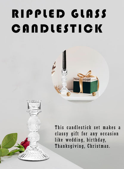 Serene Spaces Living Set of 6 Ribbed Glass Candlestick Holders, Fluted Glass Taper Candleholder for Weddings, Events, Dinner Table, Measures 6" Tall & 3" Diameter
