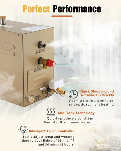 CGOLDENWALL 12KW Commercial Self-Draining Steam Generator Shower System Home Steam Bath Spa Generator 30 min to 12 Hours with Auto Drain 95-131℉ for Suitable Space Heating 12 m³/424 Cubic feet (12KW)