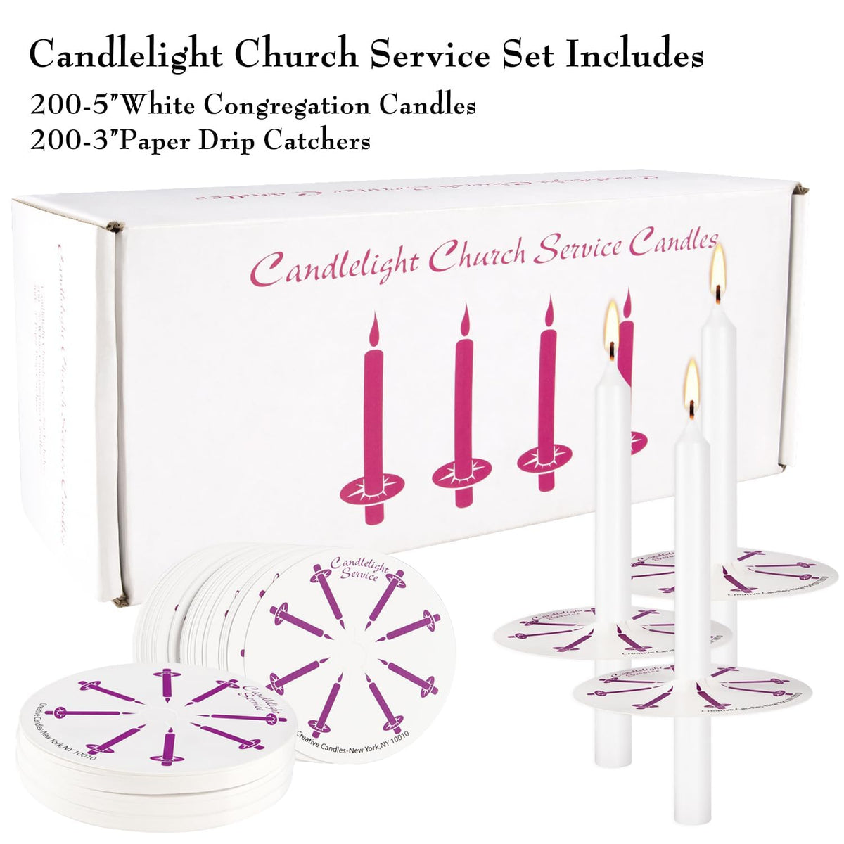 Grcdoyvl 200 White Church Candles with Drip Protectors for Devotional Candlelight Vigil Service, Box of 200 Candles, Unscented White 5" H X 1/2" D, No Smoke