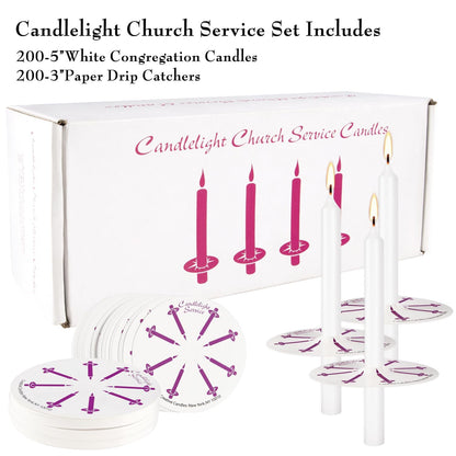 200 Church Candles with Drip Protectors for Devotional Candlelight Vigil Service, Box of 200 Candles,5" H X 1/2" D, No Smoke,Unscented White.