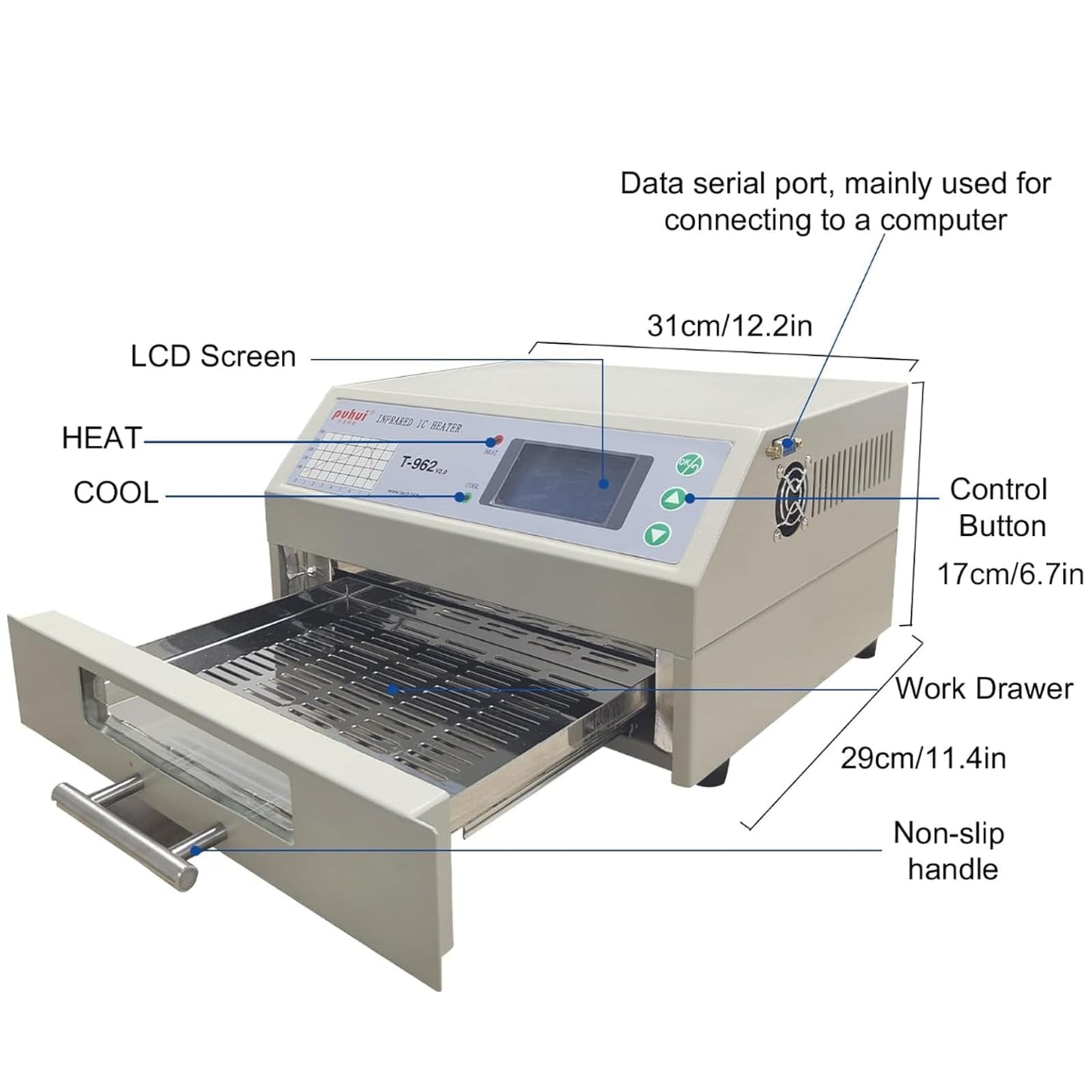T962 Reflow Oven 110V, 800W Soldering Reflow Station, Infrared Preheat Soldering Station Temperature Range: 0 ° -280 ° C, Suitable for Electronic Digital and PCB Board Soldering