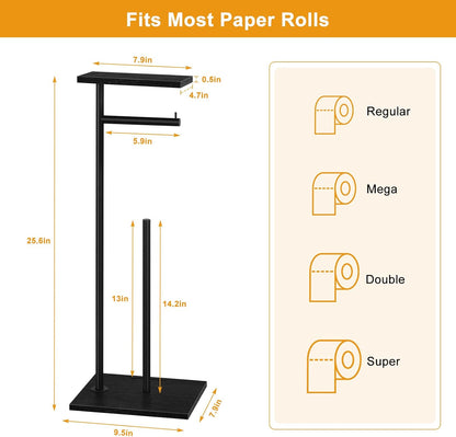 Skiennix Free Standing Toilet Paper Holder - Black Bathroom Tissue Dispenser with Storage Shelf