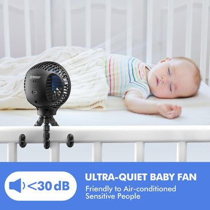 WiHoo Portable Stroller Fan, 11H Ultra-long Battery Life 3 Speed 360°Rotate, USB Rechargeable or Battery Operated Cooling Clip On for Baby Crib Travel Car Seat Black