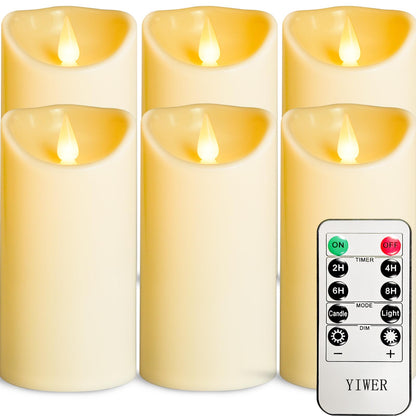 YIWER Plastic Battery Operated Candles,Pack of 6 Flameless LED Candle with 10 Key Remote and Timer Electric Fake Flickering Light D3”H6” Last 200 Hour