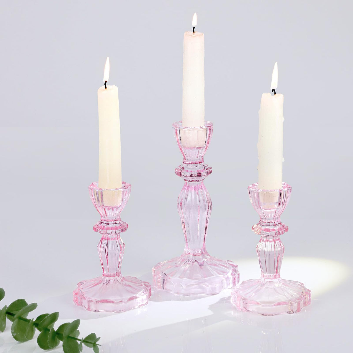 CHOCSTAY Glass Candlestick Holders Set of 3, Pink Stripe Taper Candle Holders for Table Centerpiece, Home Decorations, Wedding and Party