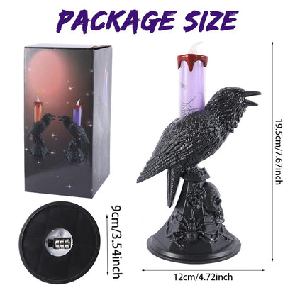 2Pack/Set LED Raven Halloween Flameless Candles, Black Crow Skull Statue Candlestick, Purple and Orange Glowing Light Flickering Candle Holder Halloween Table Lamp Scary Ornaments Home Decorations