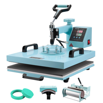 VEVOR Heat Press 15x15 inch, 5 in 1 T-Shirt Cap Hat Mug Press, Combo Tumbler Heat Press for plate Sublimation, Green