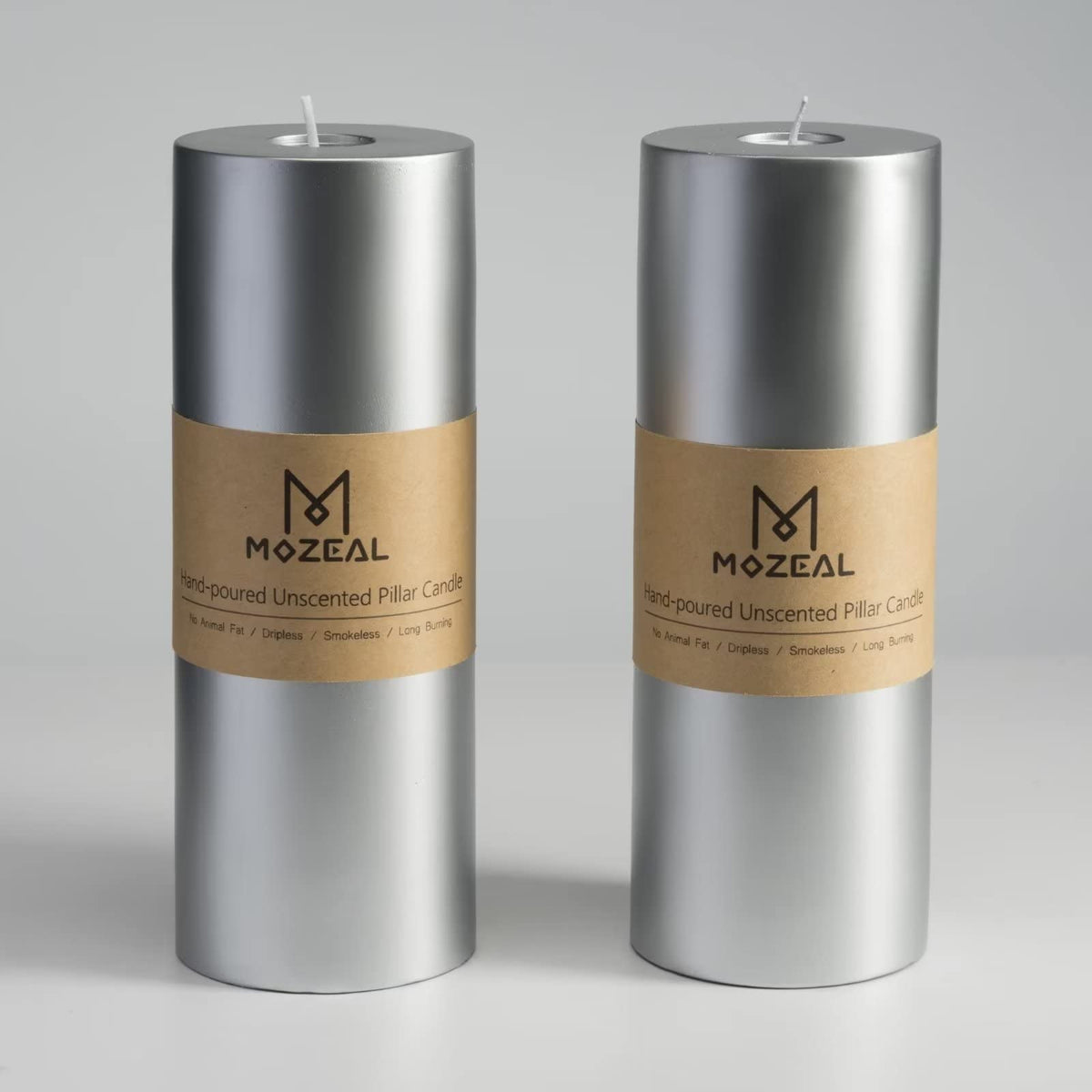 MOZEAL 3" x 8" Hand-Poured Unscented Large Candle,Smokeless Rustic Pillar Candle Set of 2,Slow Burn,No Drip,Approx 150 Hours Burning,Wedding,Dinner,Christmas and Home Decorative,Tall Silver Candle