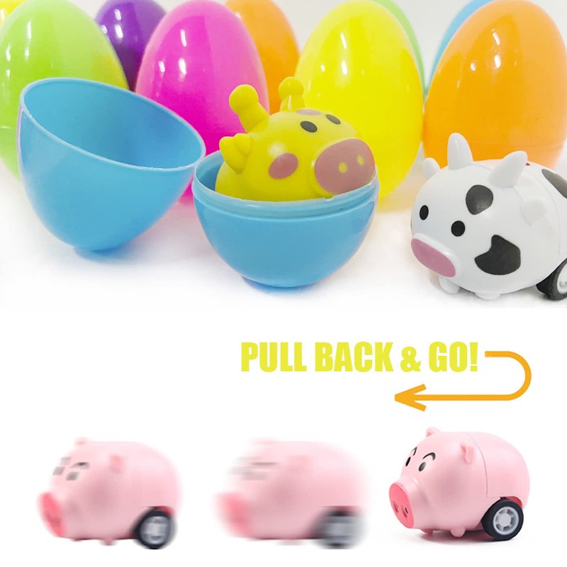 BAINFE 12PCS Easter Eggs with Pull Back Car Toys, Plastic Eggs with Cartoon Animal Vehicles for Kids Easter Egg Hunts, Easter Basket Stuffers Fillers, Easter Party Favor Classroom Prize Supplies