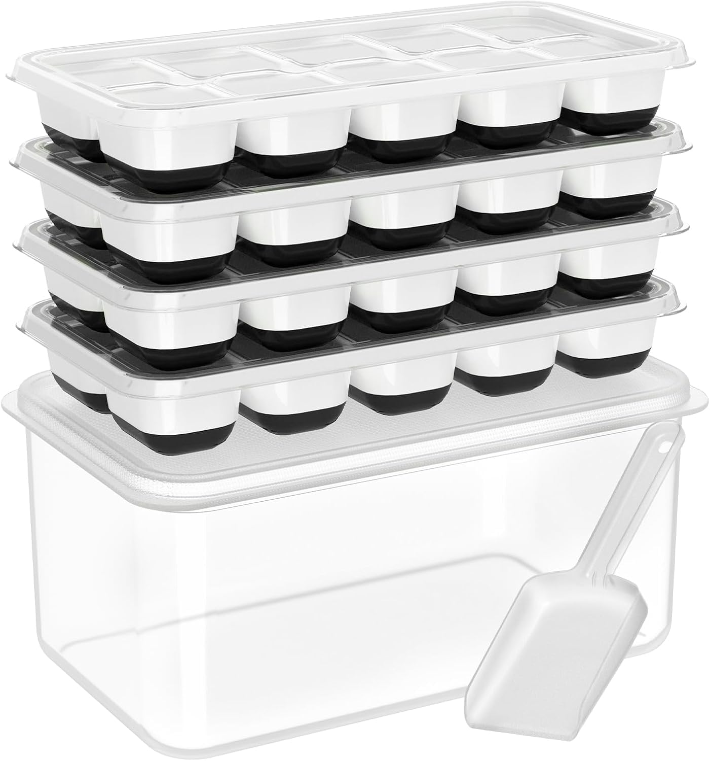 DOQAUS Ice Cube Tray with Lid and Bin, 4 Pack Silicone Plastic Ice Cubes Trays for Freezer with Box/Container, Stackable with Storage Iced Bucket Kits, Scoop, for Baby Food, Cocktail, Coffee