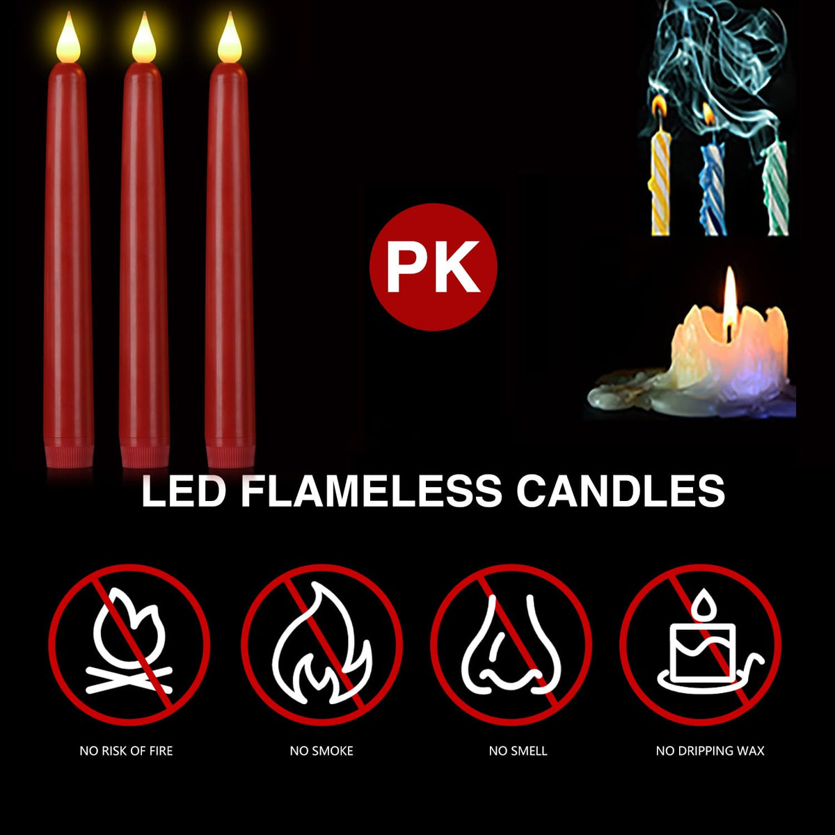 Hanzim Flameless Taper Candles with Remote Control,3/6/9/12/15pack Plastic LED Candles, Flickering Battery Operated, 9.2'’Classic Tall Candle for Wedding, Party,Christmas,Home Decor (15PACK, Red)