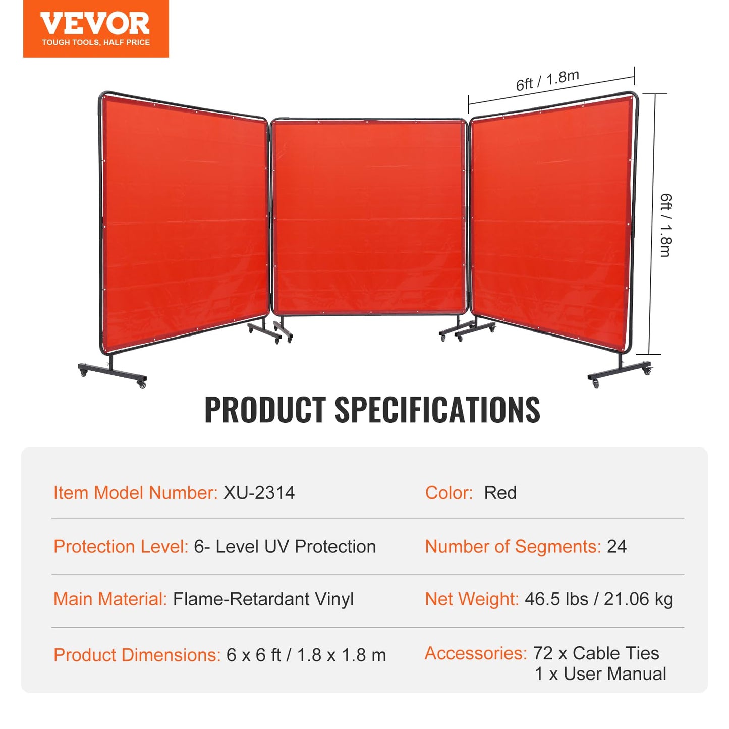 VEVOR Welding Screen with Frame, 6' x 6' 3 Panel Welding Curtain Screens on 12 Swivel Wheels (6 Lockable), Welding Protection Screen Moveable & Professional for Workshop, Red
