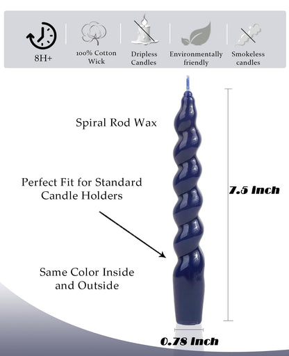 LPUSA Navy Spiral Taper Candles Handmade Twisted Candle Conical Stick Candles for Holiday Wedding Party Wax Unscented Dinner Candle Dripless,Christmas Gift H 7.5 Inch, 4pcs（Navy）